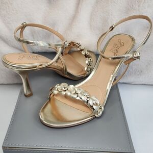 Jewel Badgley Mischka Designer Saylor Heels Sandals Ankle Strap Gold Size 8
